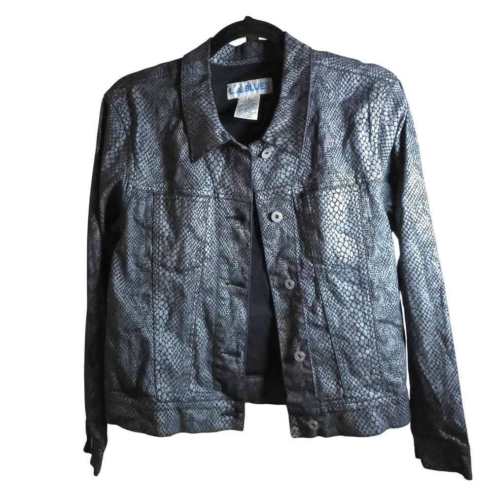 L.A. Blues Snakeskin Print Denim Jacket Womens Size 6‎ Cropped Button Front - Picture 2 of 8